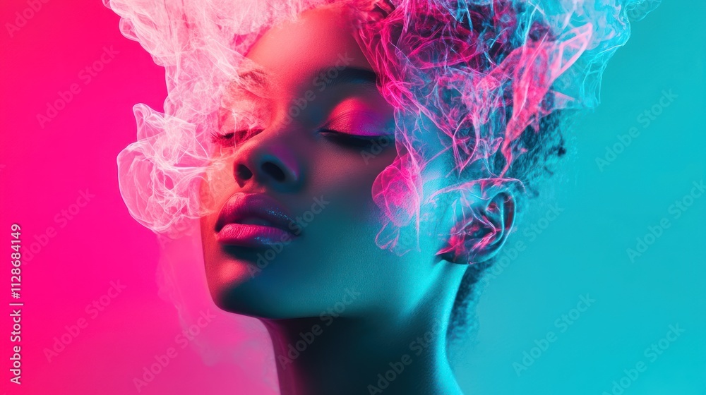 Neon Lit Woman Enveloped In Colorful Smoke Neon Lit Woman Enveloped In Colorful Smoke