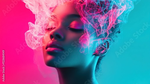 Neon Lit Woman Enveloped In Colorful Smoke