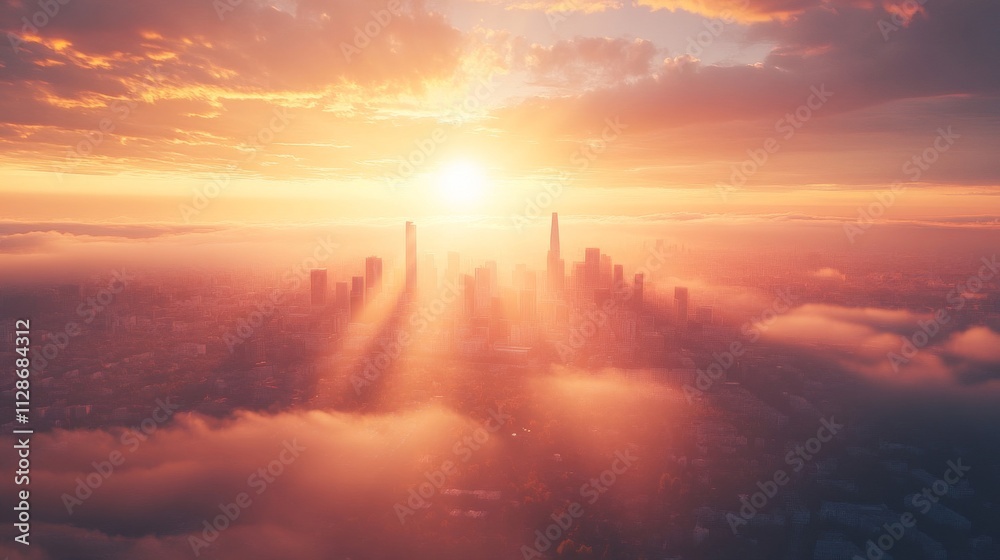 Golden Sunrise Over City Skyline Emerging From Clouds Golden Sunrise Over City Skyline Emerging From Clouds