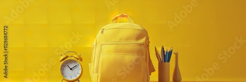 Yellow backpack with school supplies and an alarm clock. Generative Ai