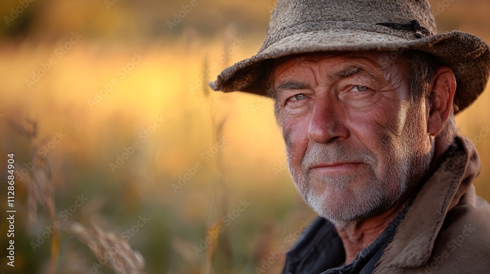 Thoughtful man in a hat stands in golden grass under soft sunset light, showing the beauty of nature and reflection. Thoughtful man in a hat stands in golden grass under soft sunset light, showing the beauty of nature and reflection.