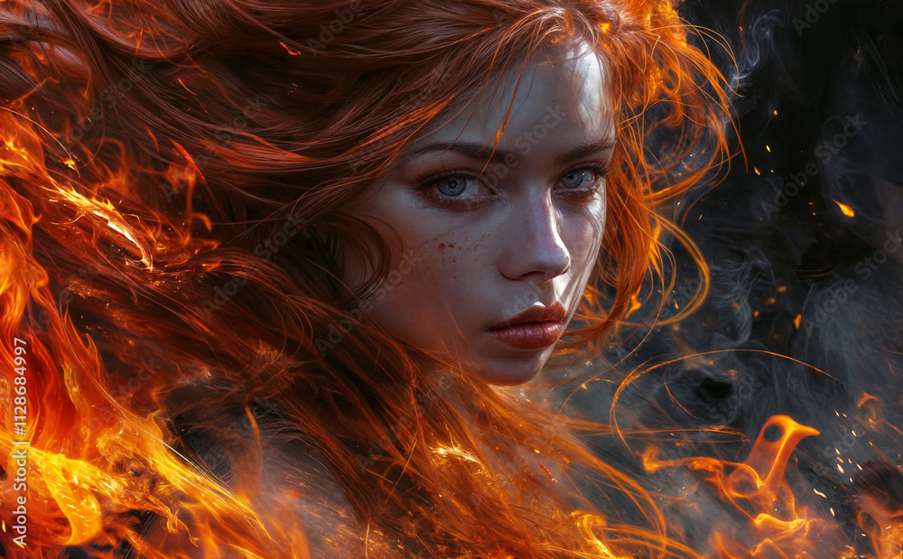 Young woman with fiery red hair and intense blue eyes in dramatic ...