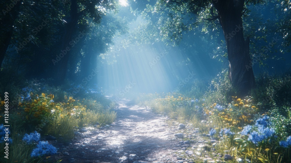 Sunlit Path Through A Mystical Forest With Flowers Sunlit Path Through A Mystical Forest With Flowers