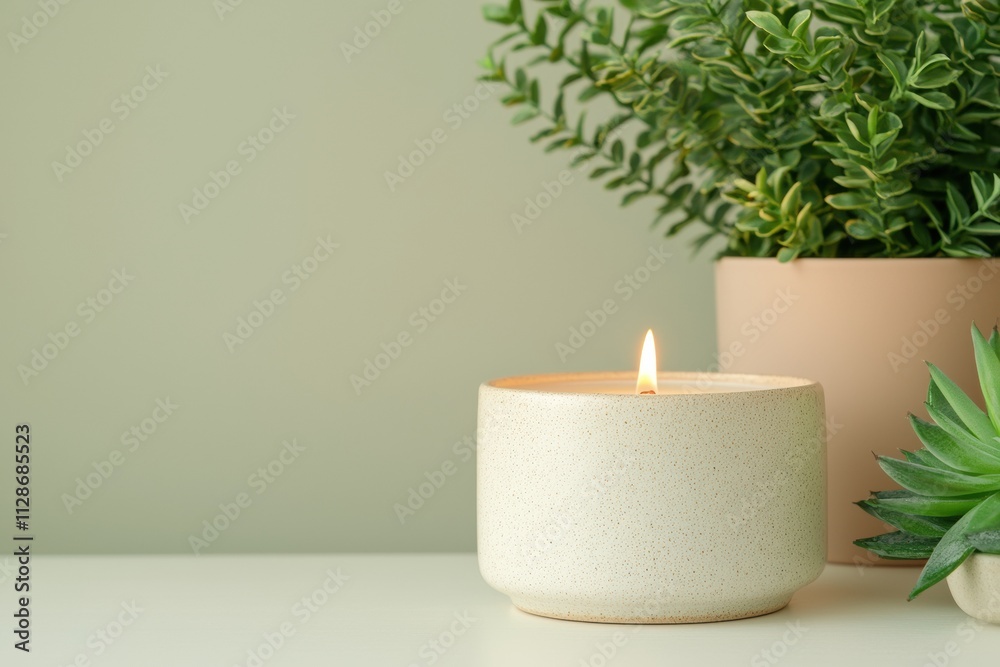 Burning aromatherapy candle creating cozy atmosphere for wellness ritual Burning aromatherapy candle creating cozy atmosphere for wellness ritual