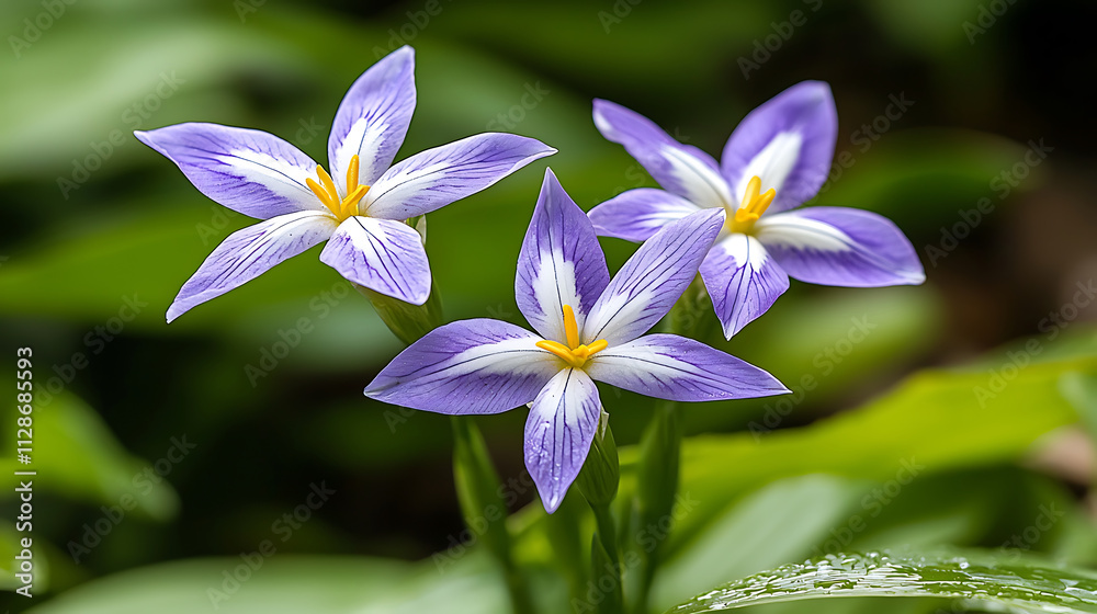 Vibrant close up of three crested iris flowers with purple petals and yellow centers, surrounded by lush green foliage Vibrant close up of three crested iris flowers with purple petals and yellow centers, surrounded by lush green foliage