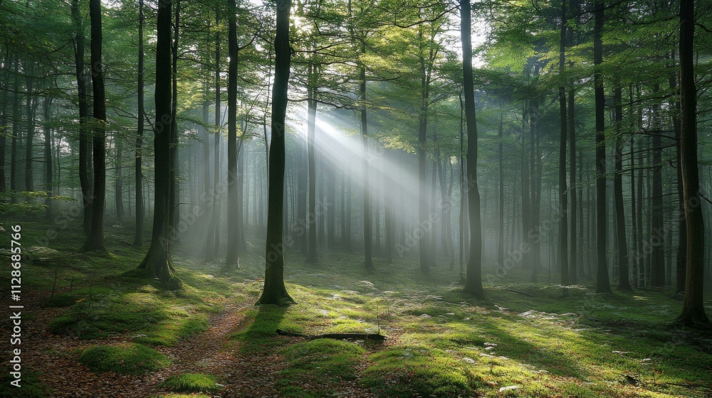 Obraz premium Sunbeams Illuminate A Misty Green Forest Path