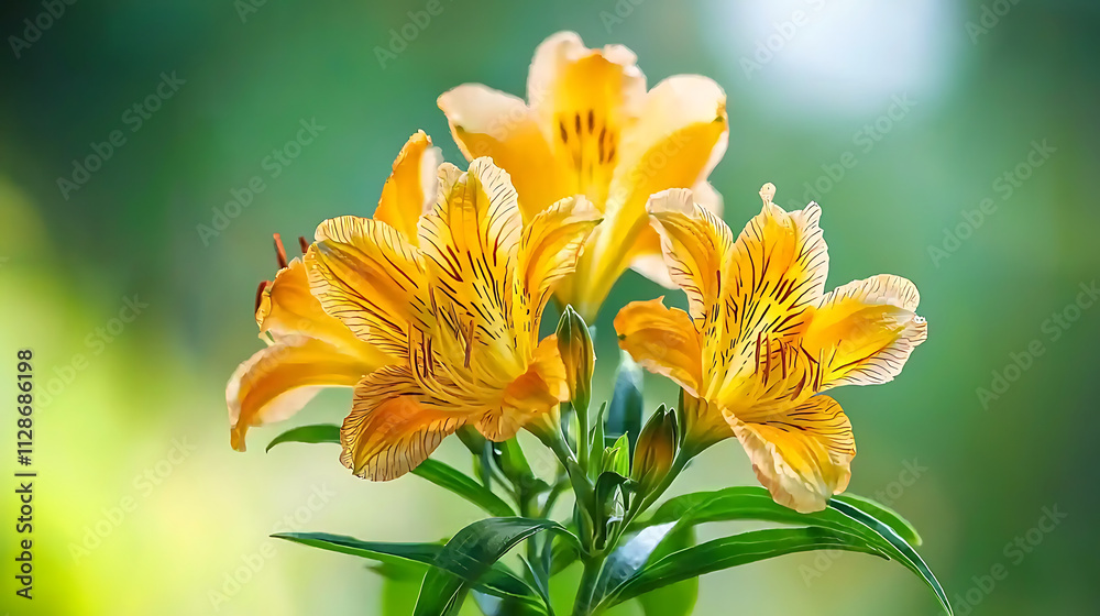 Vibrant yellow Peruvian lilies bloom beautifully in lush green background, showcasing their intricate patterns and delicate petals Vibrant yellow Peruvian lilies bloom beautifully in lush green background, showcasing their intricate patterns and delicate petals