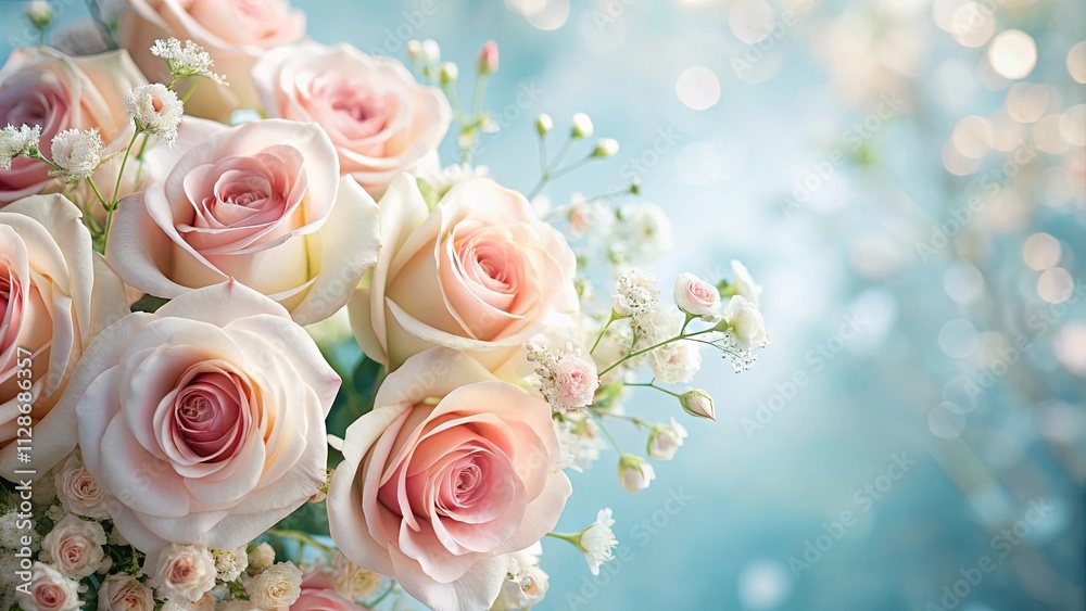 A Delicate Bouquet of Soft Pink Roses and White Buds Against a Blurred Aqua Background A Delicate Bouquet of Soft Pink Roses and White Buds Against a Blurred Aqua Background