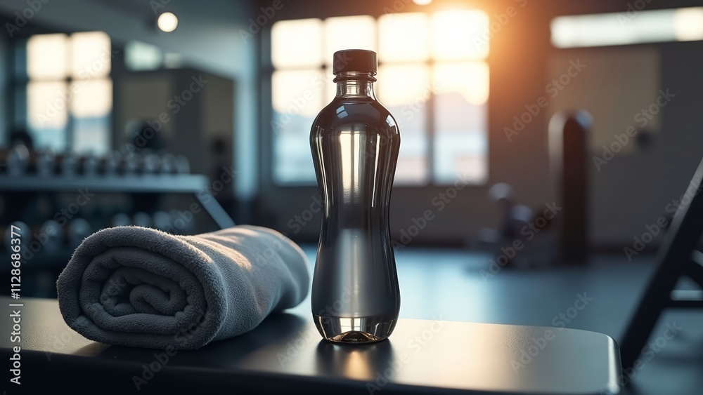 Modern Advertising Poster Featuring Branded Water Bottle Mock-Up in a Gym Setting Modern Advertising Poster Featuring Branded Water Bottle Mock-Up in a Gym Setting