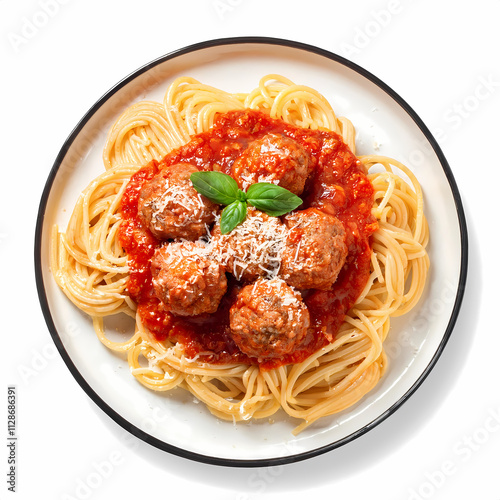 Delicious Spaghetti with Meatballs in Marinara Sauce   Top View