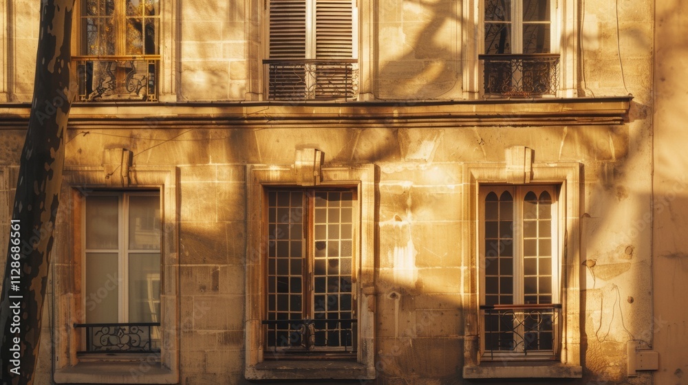 Fototapeta premium Parisian building facade, minimalist architecture, facing a wall with windows and doors, sunny afternoon light, peaceful urban setting, no people visible.