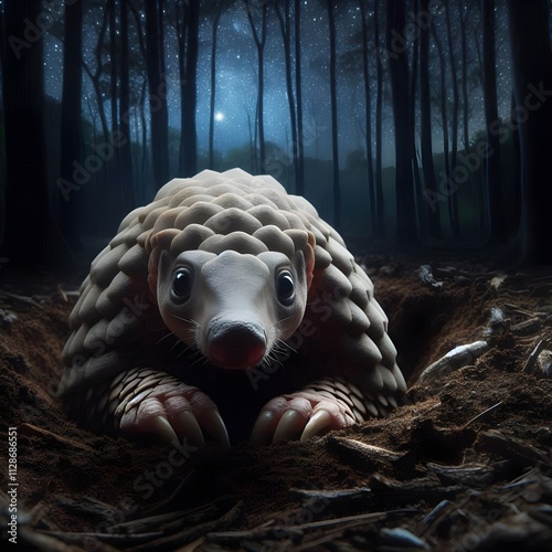 a very scared pangolin, hiding under the ground looking at the very dark situation at night, background in a quiet forest of trees photo