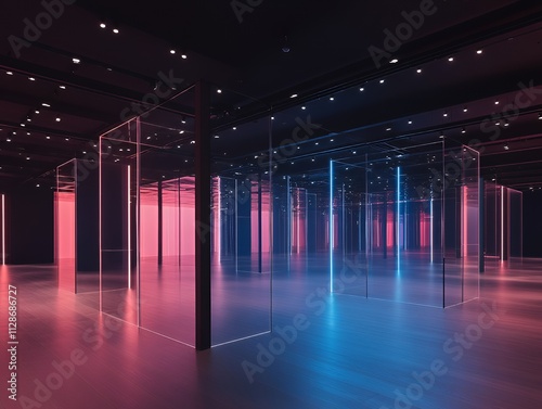 Reflective neon and glass art piece in a modern setting