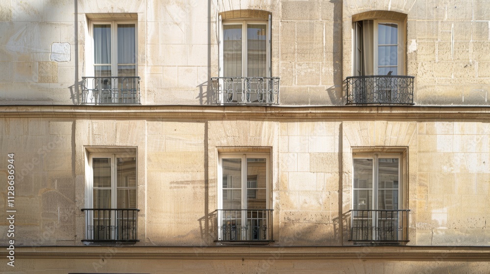Parisian building facade, minimalist architecture, facing a wall with windows and doors, sunny afternoon light, serene urban scene, no people visible. Parisian building facade, minimalist architecture, facing a wall with windows and doors, sunny afternoon light, serene urban scene, no people visible.