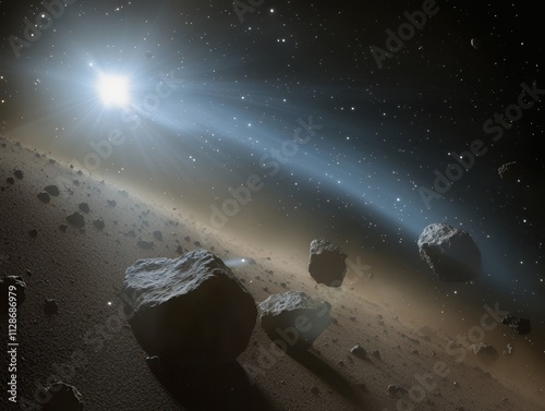 Asteroid belt with rocky fragments in the solar system photo