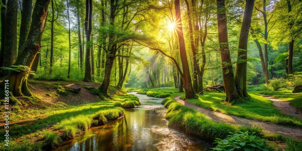 Obraz premium Sunbeams illuminate the winding path through a lush, verdant forest, leading to a tranquil stream glistening with the reflection of a golden sunrise.