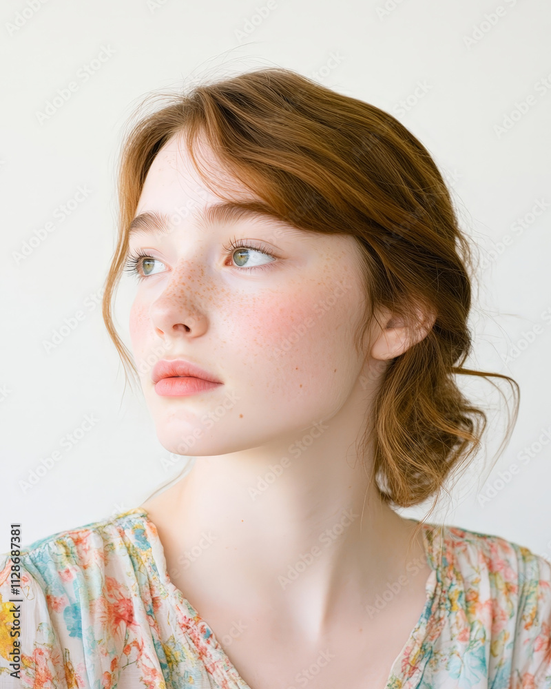 Portrait young woman with light brown hair in soft natural lighting, floral dress and freckles Portrait young woman with light brown hair in soft natural lighting, floral dress and freckles