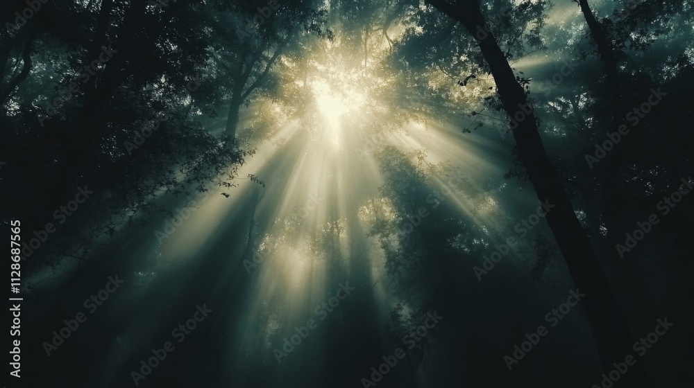 Sunbeams Illuminate A Misty Forest Canopy Sunbeams Illuminate A Misty Forest Canopy