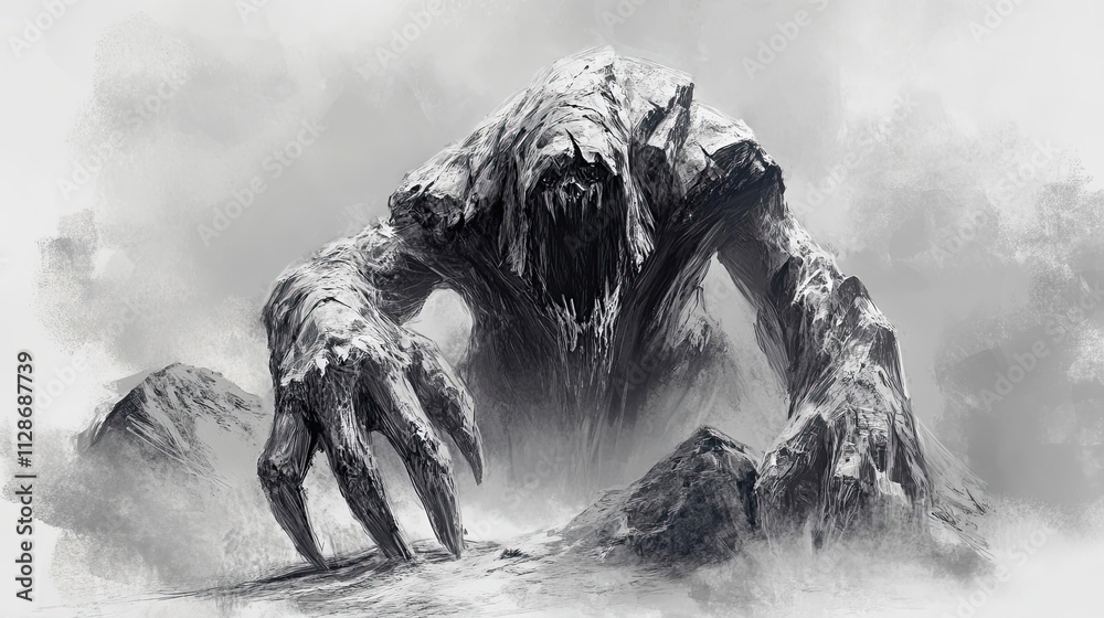 A Stone Colossus Looms Over Misty Mountains A Stone Colossus Looms Over Misty Mountains