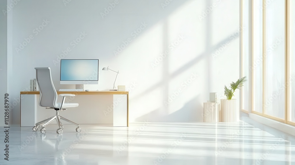 Fototapeta premium A bright, minimalistic office space featuring a desk, computer, and a plant, illuminated by natural light streaming through large windows.
