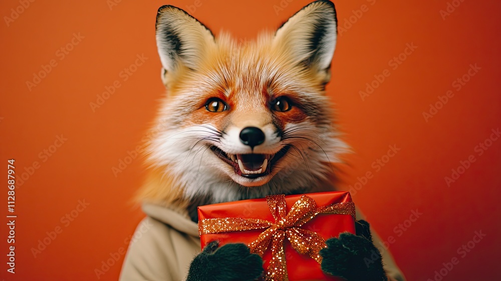 Obraz premium fox with a gift in hand. beautifully packaged box. huge smile. in a tracksuit. on a plain bright festive background. piercing tinsel. 