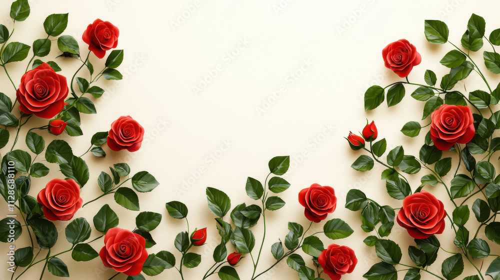 Vibrant red roses framed by lush green leaves on a light background. Vibrant red roses framed by lush green leaves on a light background.