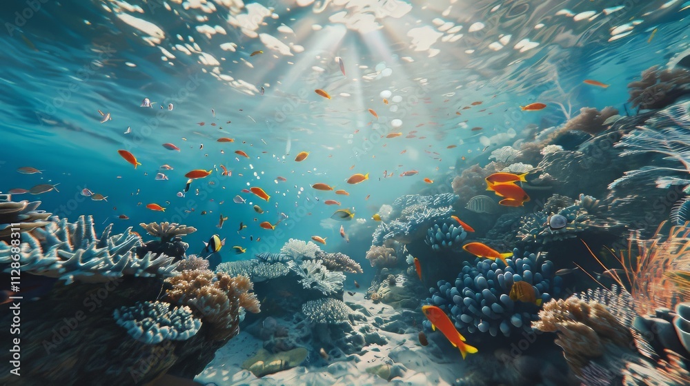 Naklejka premium A beautiful view of the seabed during the day, with lots of coral and sea animals swimming, depicting a peaceful atmosphere.