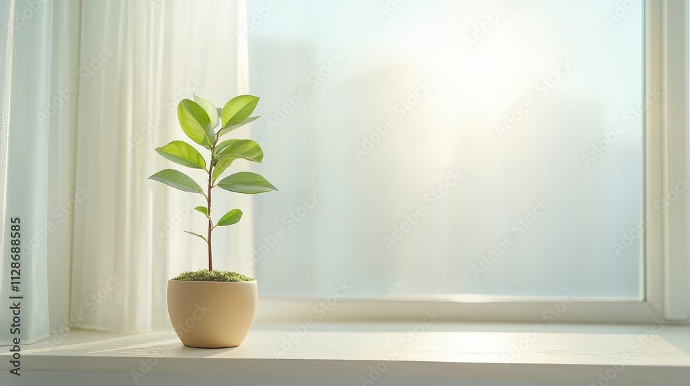 A small potted plant sits on a windowsill, basking in soft sunlight, framed by sheer curtains, creating a serene indoor atmosphere. A small potted plant sits on a windowsill, basking in soft sunlight, framed by sheer curtains, creating a serene indoor atmosphere.