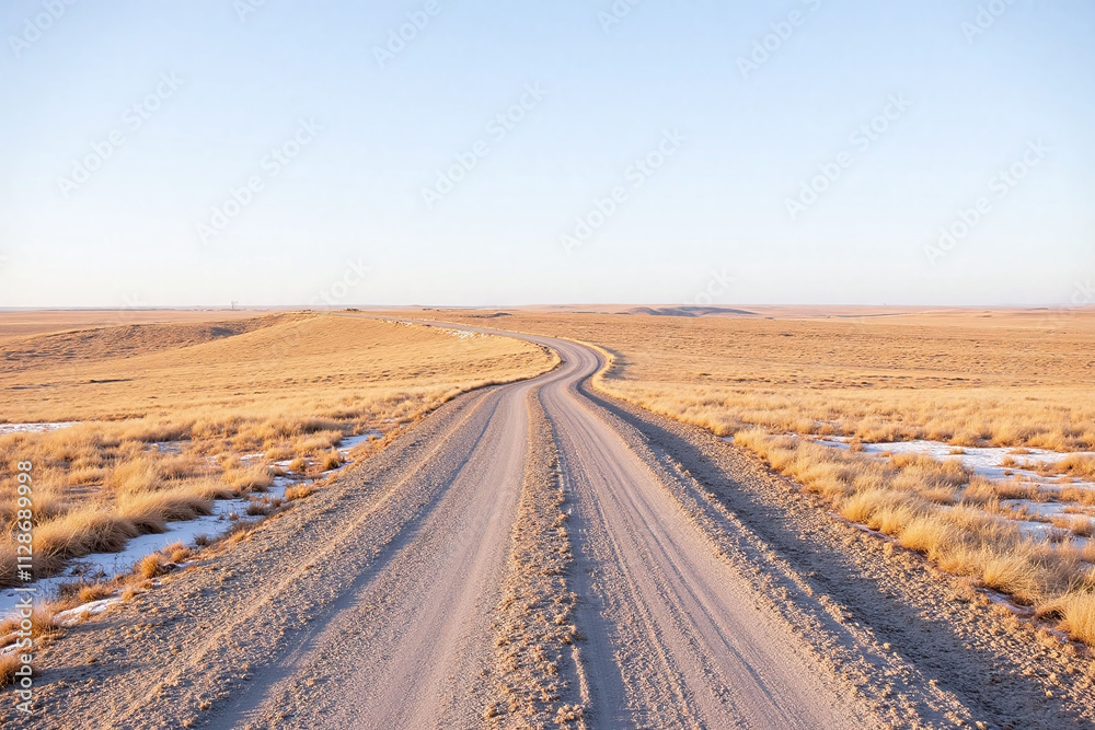 Dry grassy plain winding dirt road frost snow tire tracks Dry grassy plain winding dirt road frost snow tire tracks