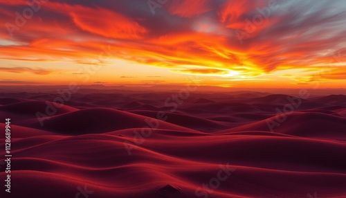 Fiery Sunset Over Crimson Sand Dunes Landscape