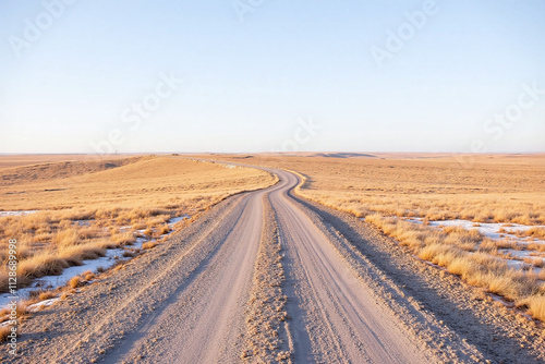 Dry grassy plain winding dirt road frost snow tire tracks