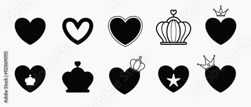 Set of black hearts, stars and crowns, logos and emblems for Valentine's Day, love symbols shapes. Vector illustration.
