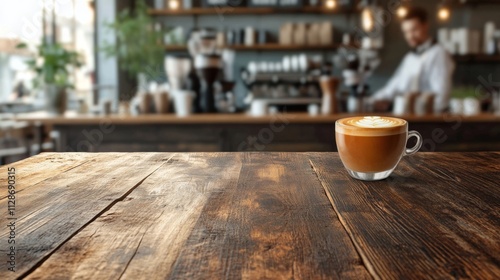 Latte Art Coffee On Rustic Wooden Tabletop