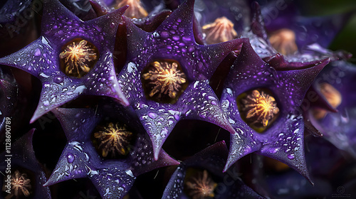 Close up of Pride of Madeira, showcasing vibrant purple flowers with raindrops, highlighting their unique star like shape and intricate details photo