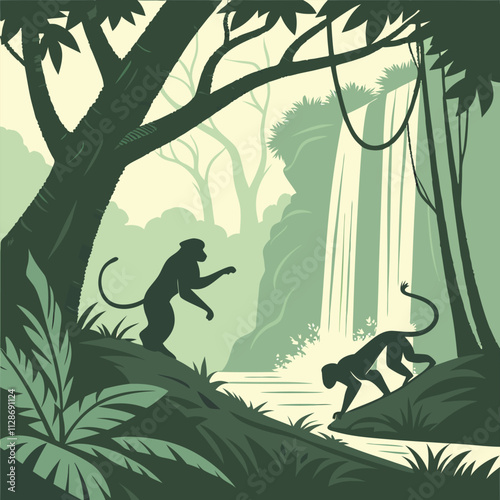 Monkeys Playing Silhouette in Tropical Waterfall Jungle Silhouette of monkeys playing near a waterfall in a tropical rainforest