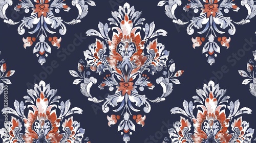 Damask seamless on navy blue background vector illustration.Ikat floral embroidery traditional.Aztec style,baroque,hand drawn pattern.design for texture,fabric,clothing,wrapping,decoration,print,scarf