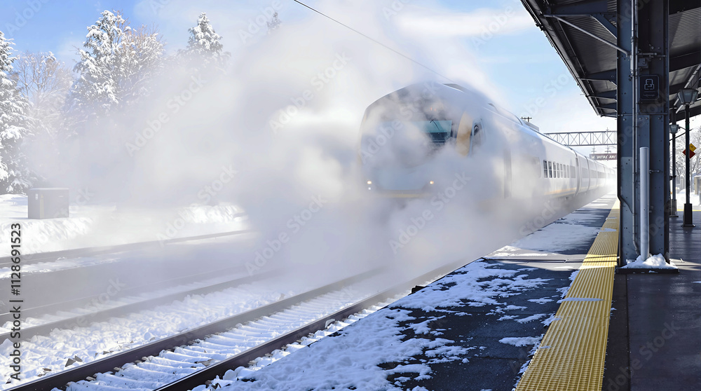 Winter scene at a train station with a train creating a snow dust cloud Winter scene at a train station with a train creating a snow dust cloud