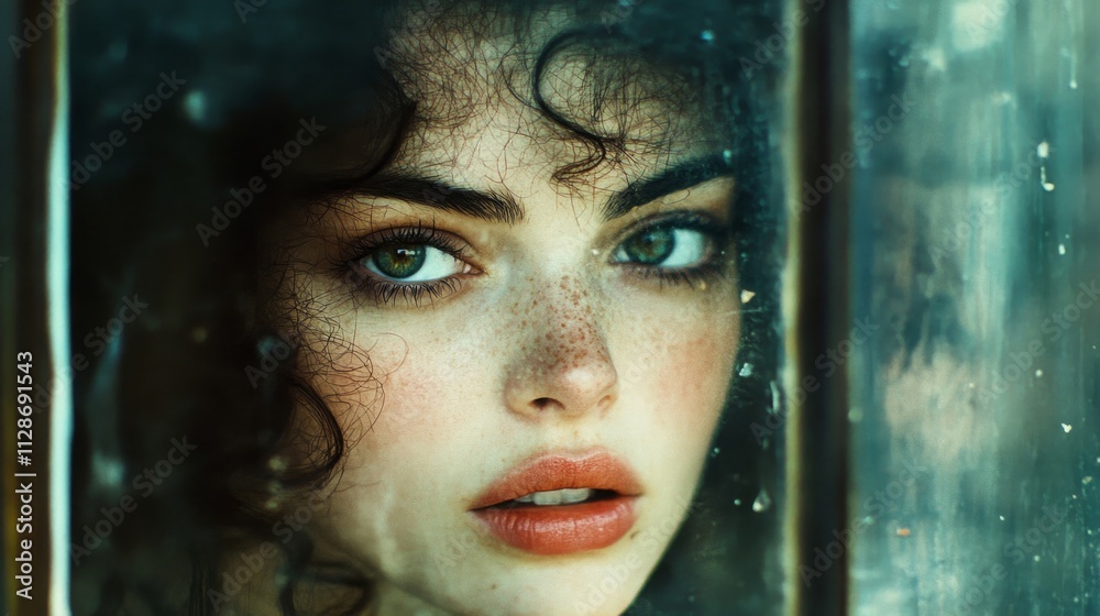 Freckled Woman Gazing Through a Dusty Window Pane Freckled Woman Gazing Through a Dusty Window Pane