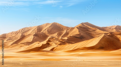 High-end photography of a dramatic desert landscape with towering sand dunes under a clear blue sky