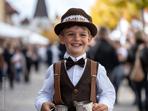 Boy in Bavarian lederhosen smiling and holding a stein