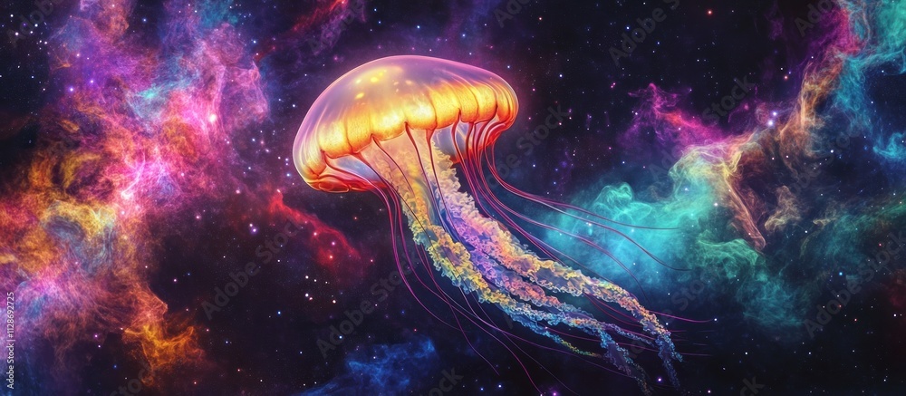 Luminous jellyfish drifts through a vibrant cosmic nebula, showcasing surreal beauty and otherworldly wonder.