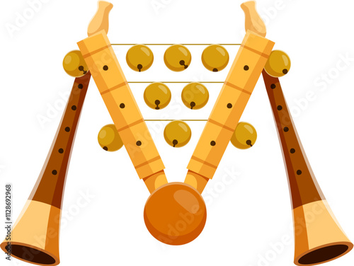 Flute and bell tambourine musical instrument font M letter. Acoustic woodwind instrument latin alphabet symbol, sound festival music equipment English ABC vector element, font or typeset letter