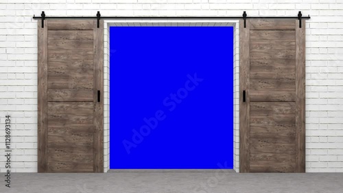 open sliding door with bluescreen in the background - 3D Rendering 4k