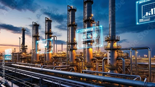 High-Tech Oil Refinery with Digital Holographic Interfaces and Advanced Industrial Infrastructure at Sunset

 photo