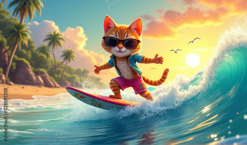 Cartoon cat surfer. Cat surfing in sunglasses. Illustration of seaside vacation