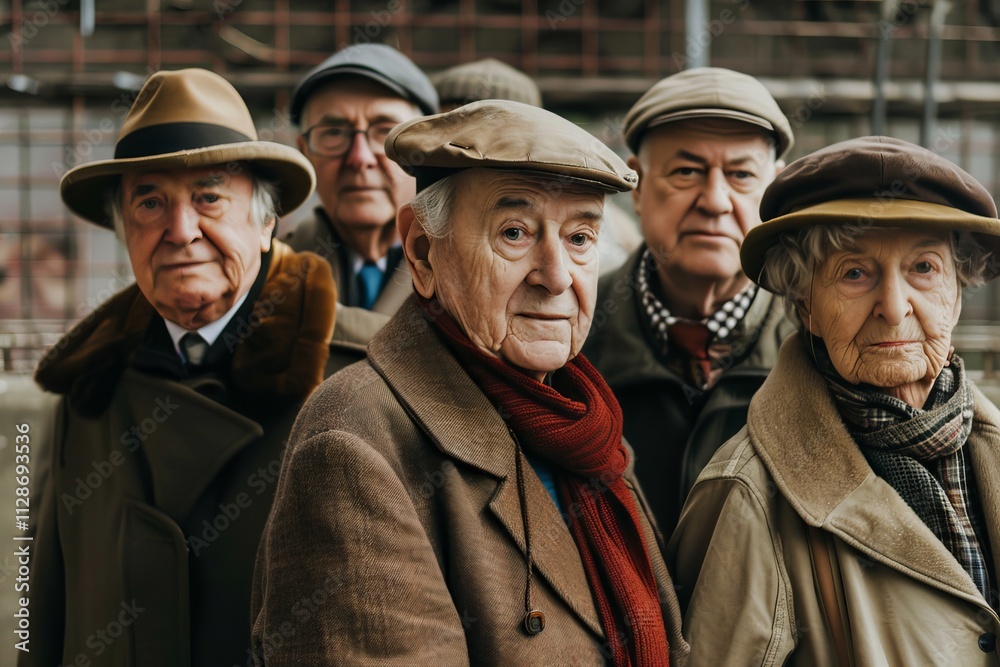 Group of elderly people in hats and coats in the street. Selective focus. Group of elderly people in hats and coats in the street. Selective focus.