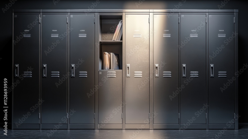A Row of Gray Metal Lockers with Open Space for Files and Documents A Row of Gray Metal Lockers with Open Space for Files and Documents