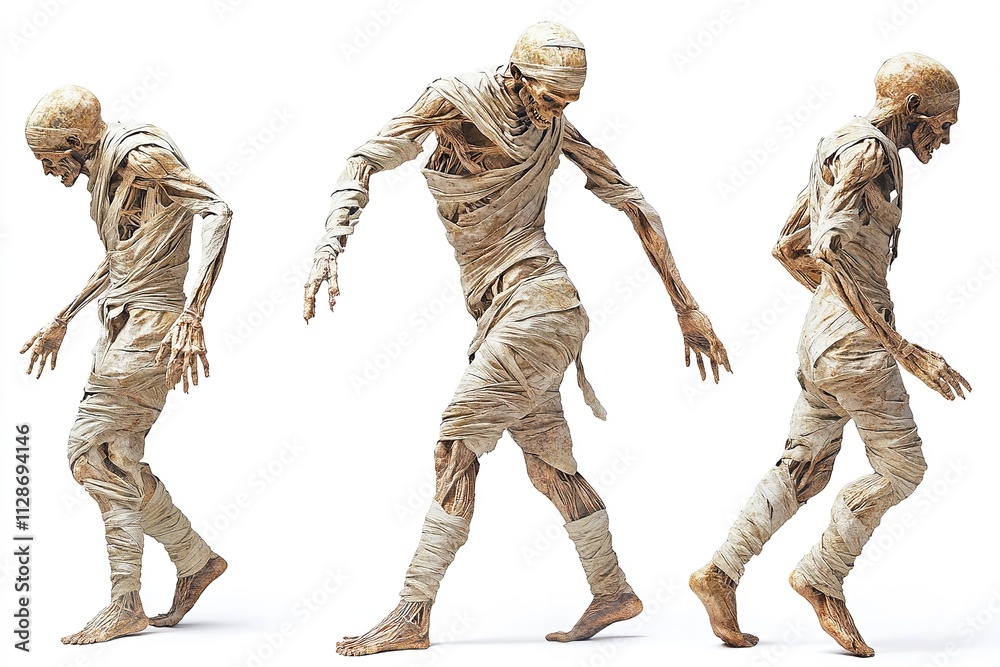 Isolated on a white backdrop is a realistic ancient undead walking mummy in a dynamic pose. Generative Ai Isolated on a white backdrop is a realistic ancient undead walking mummy in a dynamic pose. Generative Ai