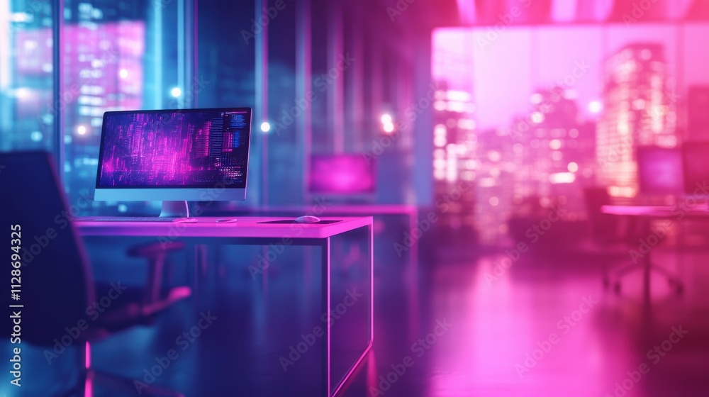 Modern office interior with neon lighting at night showcasing a technological environment Modern office interior with neon lighting at night showcasing a technological environment