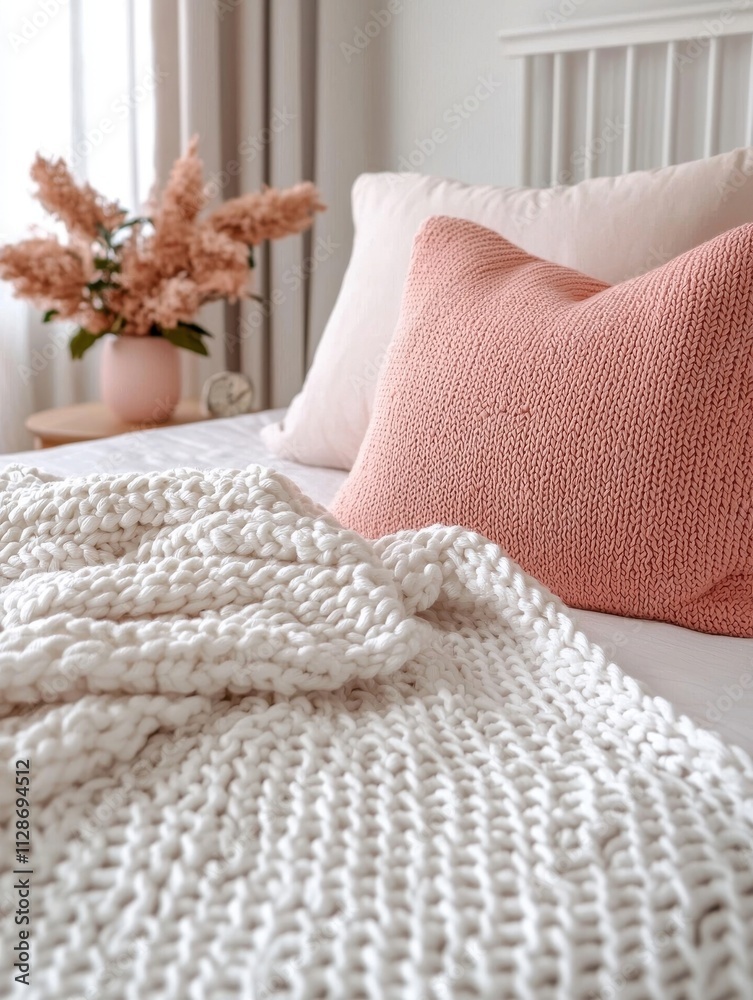 Cozy Bedroom Setup with Knit Blanket and Soft Decorative Pillows Cozy Bedroom Setup with Knit Blanket and Soft Decorative Pillows